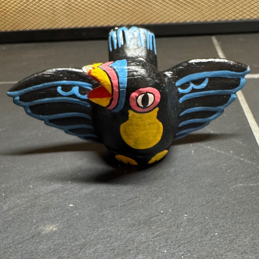 Vintage Mexican Folk Art Hand Painted Bird Ornament Figurine Black Blue Yellow